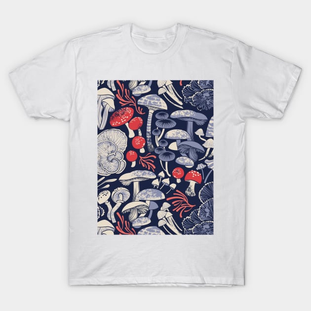 Mystical fungi // midnight blue background ivory pale blue coral and red wild mushrooms T-Shirt by SelmaCardoso